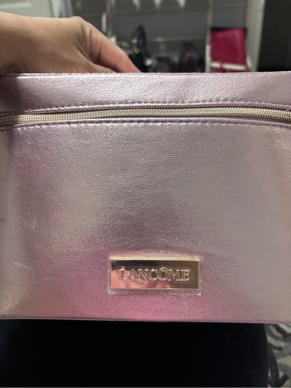 Lancôme Metallic Pink Cosmetic Pouch with Gold Logo Plate